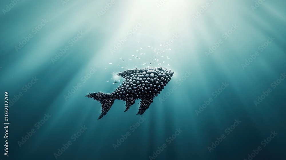 Fototapeta premium A stunning underwater scene showcasing a unique fish formed from bubbles capturing the tranquility and beauty of marine life in a mystical light