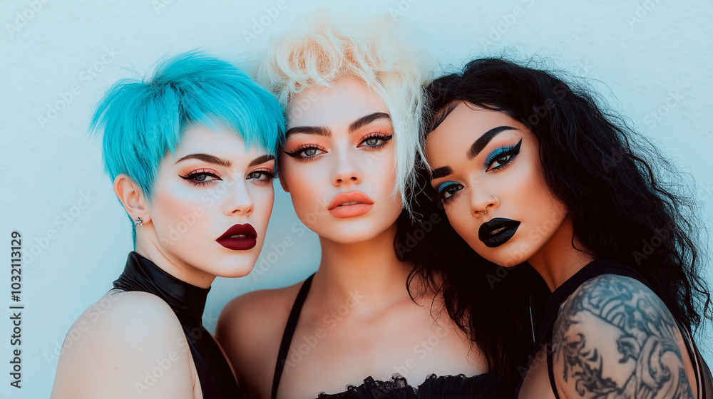 Obraz premium Three women with different hair colors and makeup styles pose for a photo. Scene is playful and fun, as the women are dressed in black and wearing bold makeup