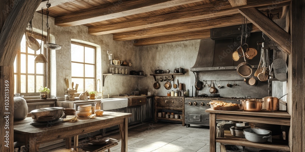 Rustic kitchen with wooden beams and copper pots. Rustic kitchen with wooden beams and copper pots.
