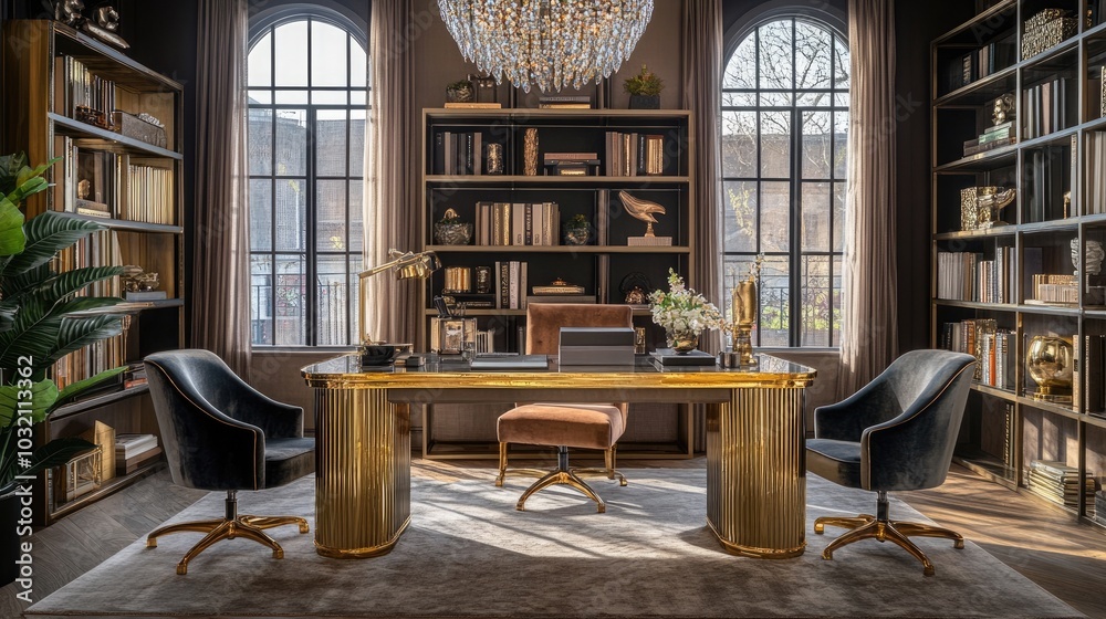 A chic Hollywood glam office featuring a gold trim desk A chic Hollywood glam office featuring a gold trim desk