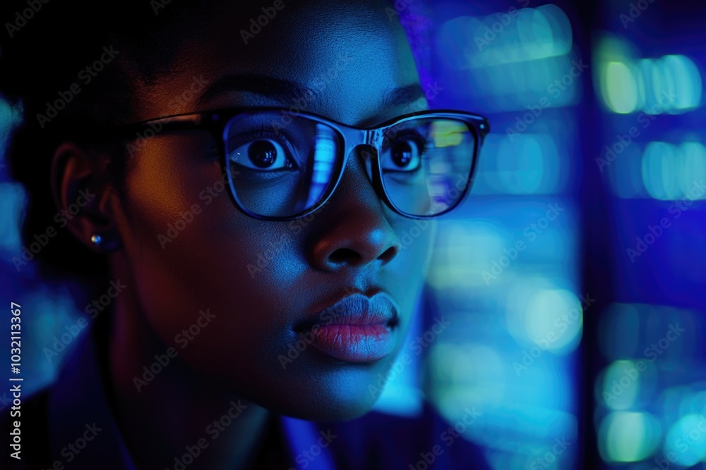 A woman wearing glasses sits in a dimly lit room, focused on something A woman wearing glasses sits in a dimly lit room, focused on something