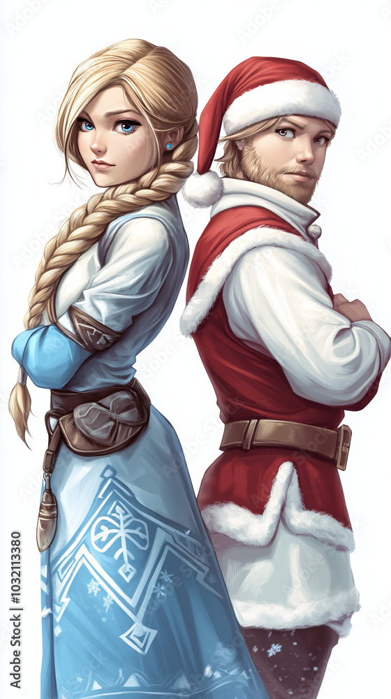 Fototapeta premium Festive man and woman in Christmas-themed outfits posing back to back 