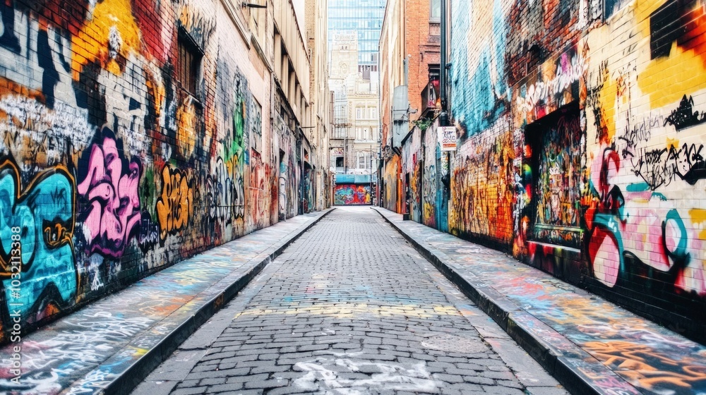 Naklejka premium Vibrant Urban Alleyway, a dynamic space filled with colorful murals and street art, showcasing creative expressions and spray cans scattered throughout the lively scene.