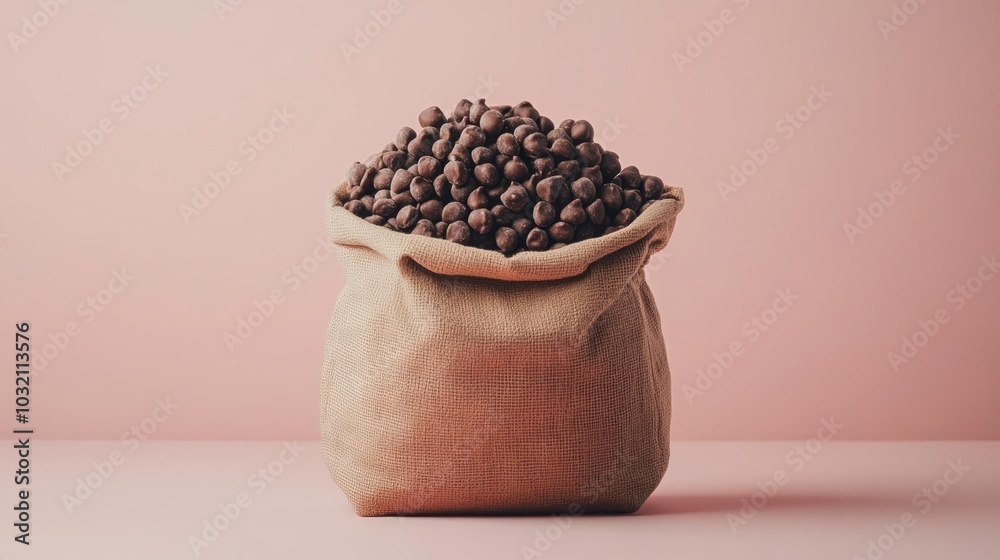A burlap sack overflowing with dark brown beans A burlap sack overflowing with dark brown beans