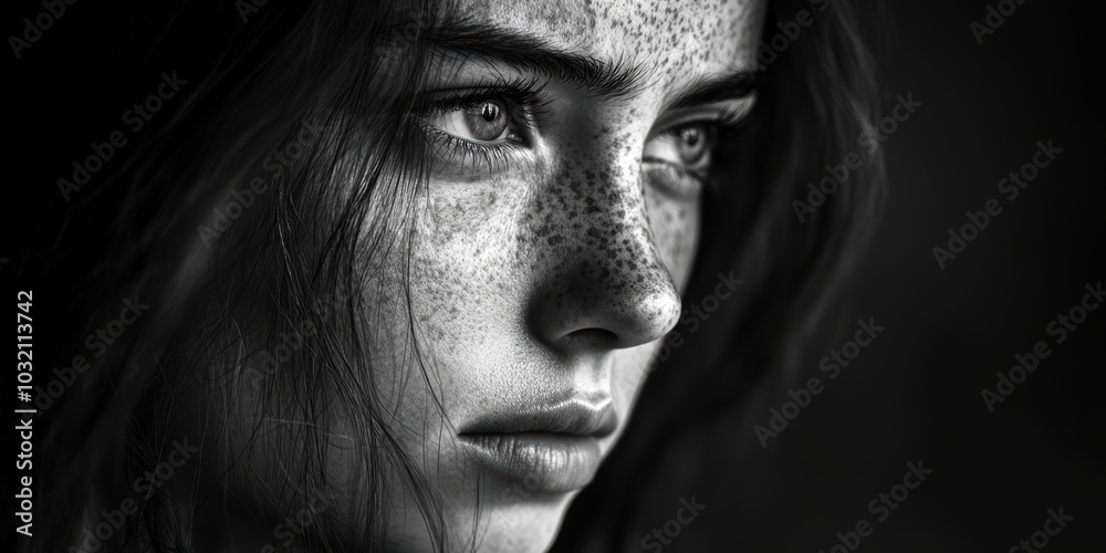 A close-up of a woman's face with freckles.