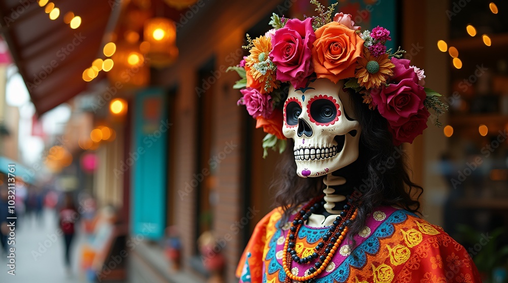 A skeleton with a colorful face celebrating Day of the Dead and Halloween. A skeleton with a colorful face celebrating Day of the Dead and Halloween.