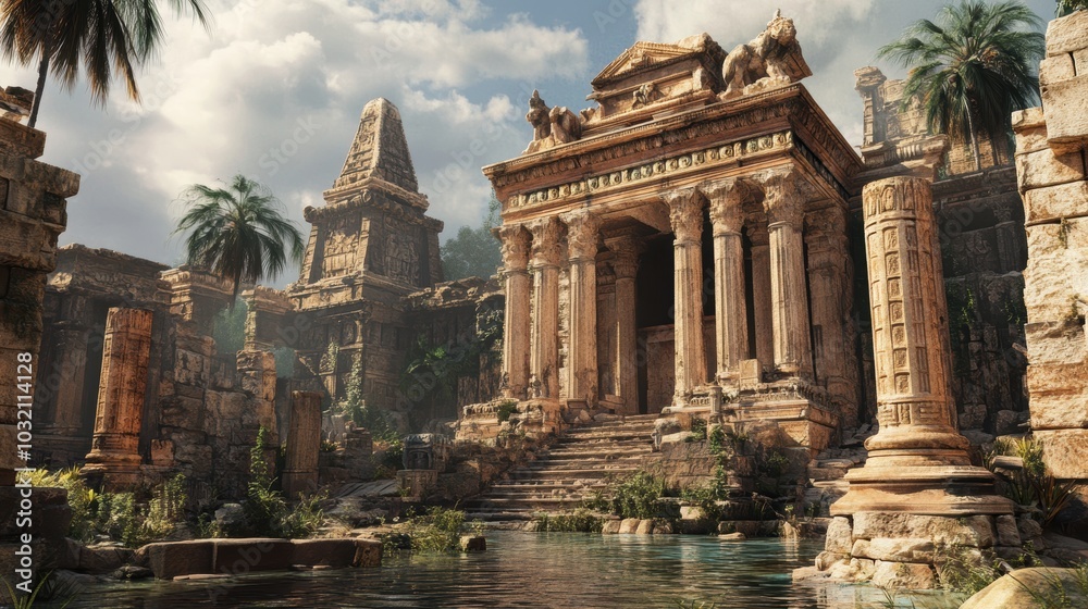 Ancient temple ruins overgrown with vegetation. Ancient temple ruins overgrown with vegetation.