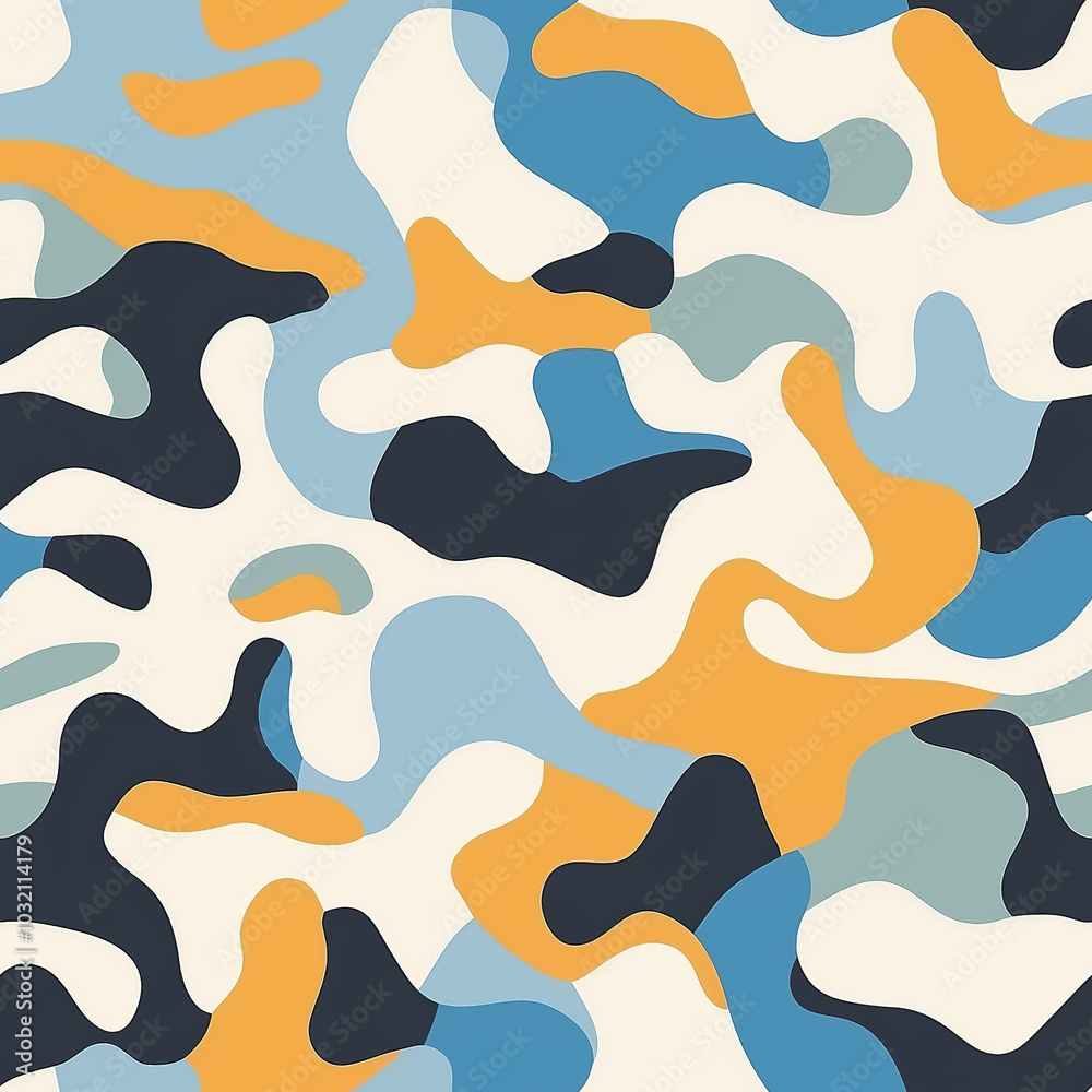 Seamless abstract pattern featuring irregular shapes in blue, yellow, and black on white background. Seamless abstract pattern featuring irregular shapes in blue, yellow, and black on white background.