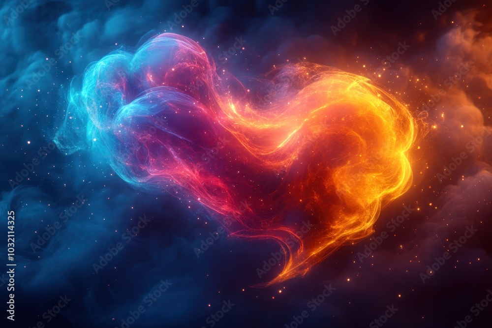A heart shape formed by blue and orange abstract swirling flames and smoke. A heart shape formed by blue and orange abstract swirling flames and smoke.