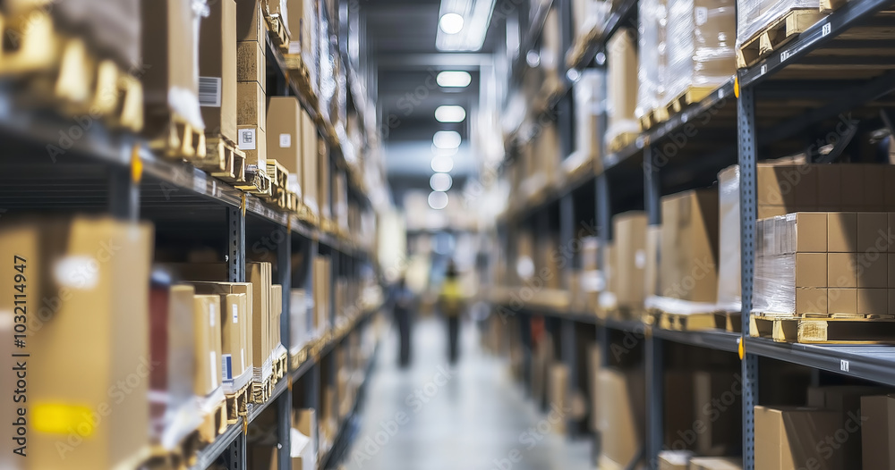 A large industrial warehouse with towering shelves filled with boxes, creating a sense of organized logistics and efficient storage in a distribution or fulfillment center