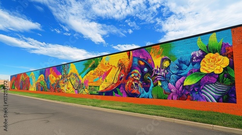 Colorful mural on brick wall with blue sky.
