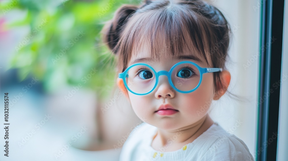 Young child wearing blue glasses focusing on distant tree outside window, symbolizing myopia prevention and importance of outdoor activities. Young child wearing blue glasses focusing on distant tree outside window, symbolizing myopia prevention and importance of outdoor activities.