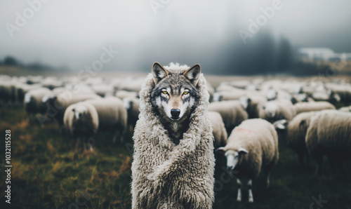 Wolf disguised in sheep's clothing amidst a flock of sheep, symbolizing deception, cunning, and hidden intentions photo