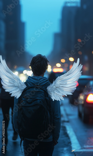 Back view of a young person with angel wings, walking through a city street at dusk, surrounded by blurred lights and traffic, symbolizing a sense of urban spirituality and transformation photo