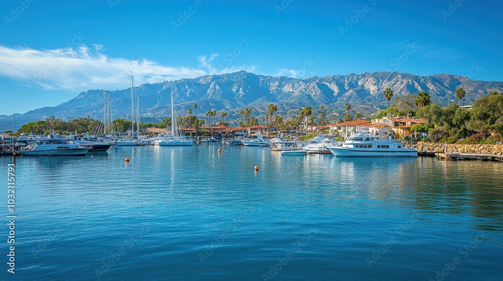Naklejka premium Boats Docked at a Marina with Mountainous Backdrop