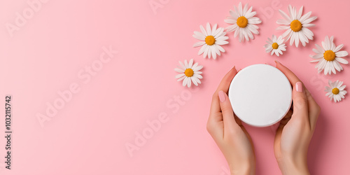 White Pouch Held by Hands with Chamomile Flowers for Relaxation and Skincare Mockup for Advertisement photo