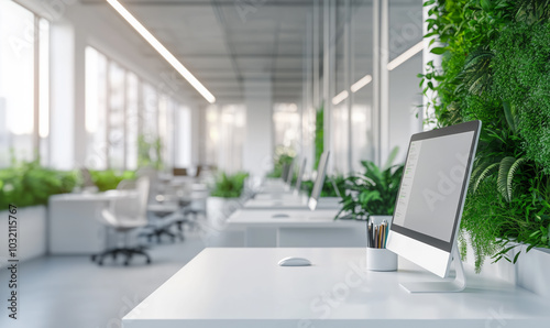 Bright, modern office with lush indoor plants, clean white desks, and sleek computer setups, creating a vibrant, eco-friendly workspace focused on productivity and well-being