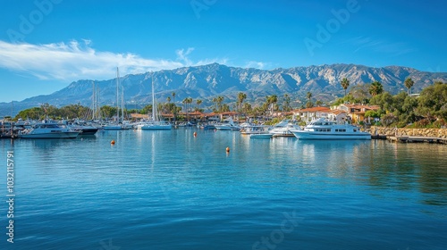 Boats Docked at a Marina with Mountainous Backdrop