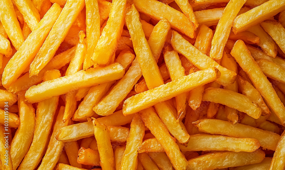 Close-up of golden, crispy French fries, showcasing their texture and appetizing appearance, perfect for food-related themes like fast food, snacking, and indulgence Close-up of golden, crispy French fries, showcasing their texture and appetizing appearance, perfect for food-related themes like fast food, snacking, and indulgence