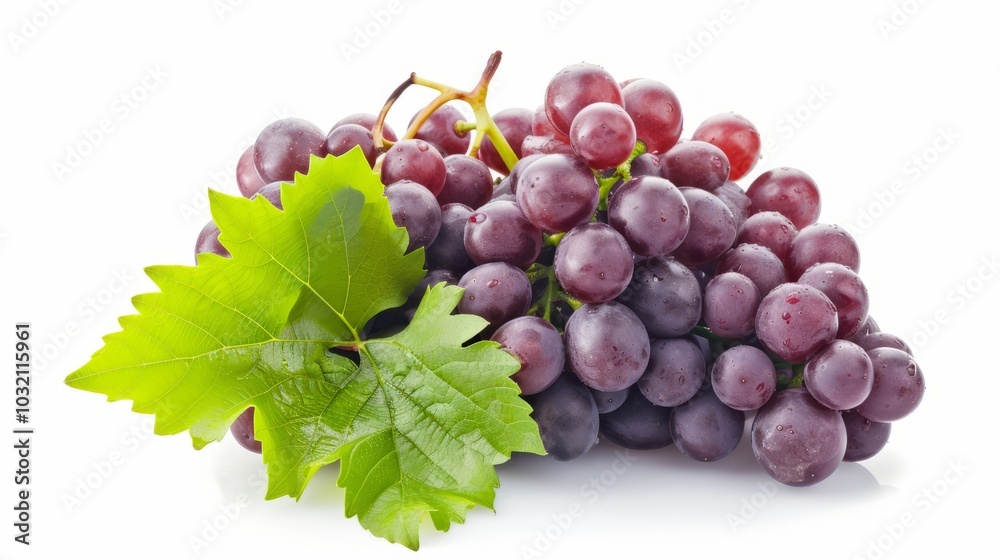 Juicy Crimson Delight: Vibrant Bunch of Red Grapes with Lush Green Leaves on A White Canvas --AR 16: Juicy Crimson Delight: Vibrant Bunch of Red Grapes with Lush Green Leaves on A White Canvas --AR 16: