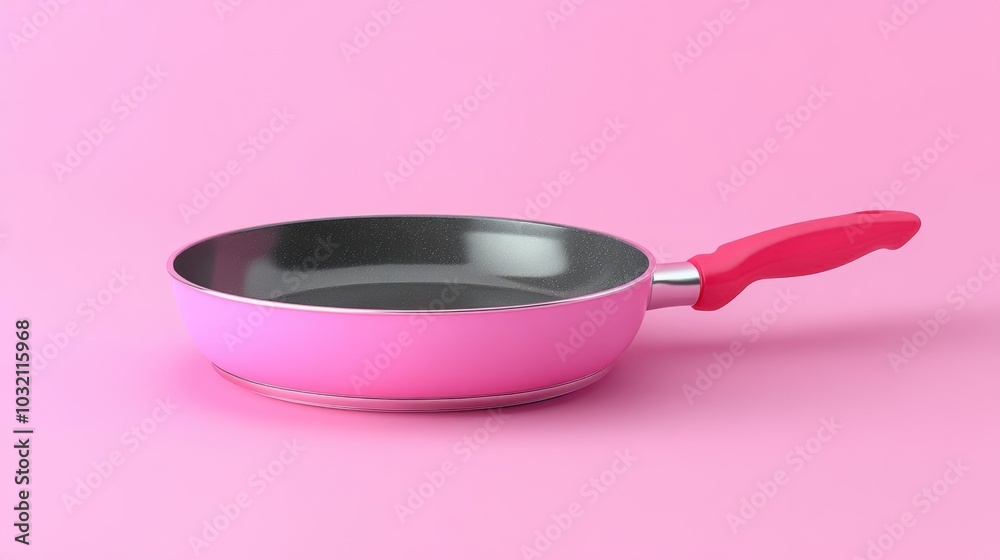 A single frying pan with a red handle A single frying pan with a red handle