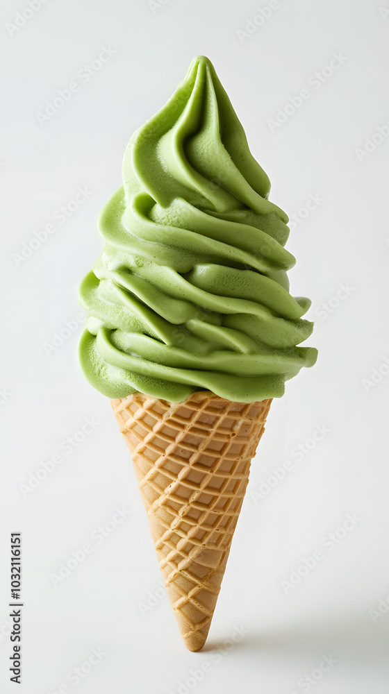 Matcha Soft Serve Delight, vibrant green matcha ice cream swirled atop a crisp cone, set against a clean white backdrop, indulgent treat Matcha Soft Serve Delight, vibrant green matcha ice cream swirled atop a crisp cone, set against a clean white backdrop, indulgent treat