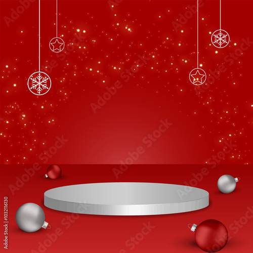 Christmas background with empty white podium for product display and Christmas decoration elements. Vector illustration.