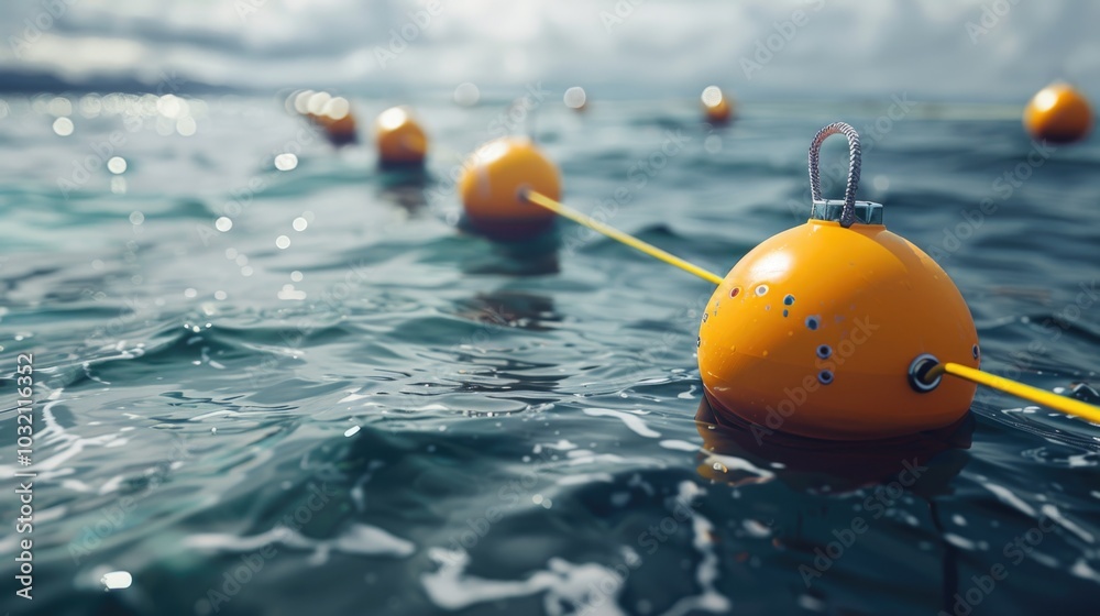 A bunch of buoys floating on calm water, suitable for aquatic or nautical themes A bunch of buoys floating on calm water, suitable for aquatic or nautical themes