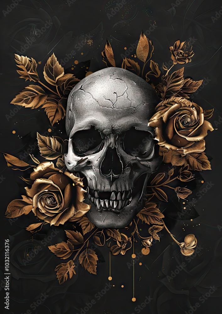 Fototapeta premium Skull With Gold Roses on Black Background