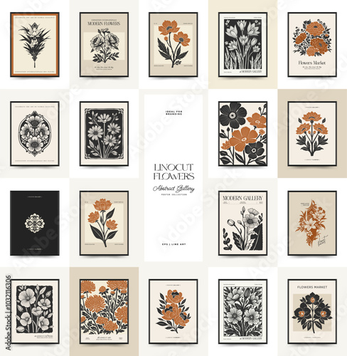 Abstract linocut floral posters template. Modern trendy minimal style. Black and white colors. Botanical blockprint. Hand drawn design for wallpaper, wall decor, print, postcard, cover, template.