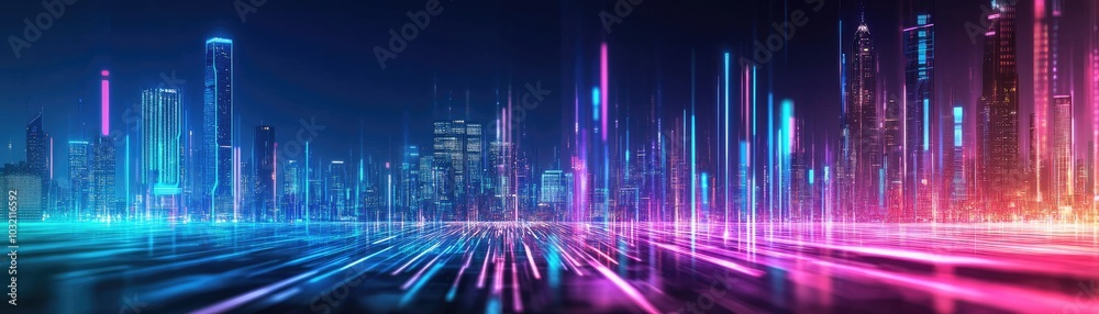 Futuristic Neon Cityscape with Glitch Effects Futuristic Neon Cityscape with Glitch Effects