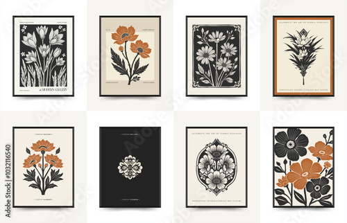Abstract linocut floral posters template. Modern trendy minimal style. Black and white colors. Botanical blockprint. Hand drawn design for wallpaper, wall decor, print, postcard, cover, template.