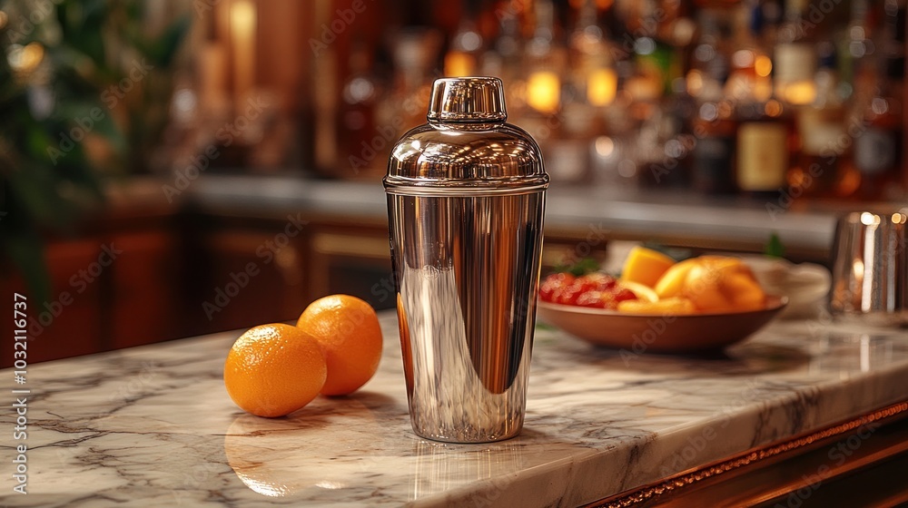 A close-up shot of a silver cocktail shaker sitting on a marble bar top next to two oranges and a bowl of citrus fruit. A close-up shot of a silver cocktail shaker sitting on a marble bar top next to two oranges and a bowl of citrus fruit.