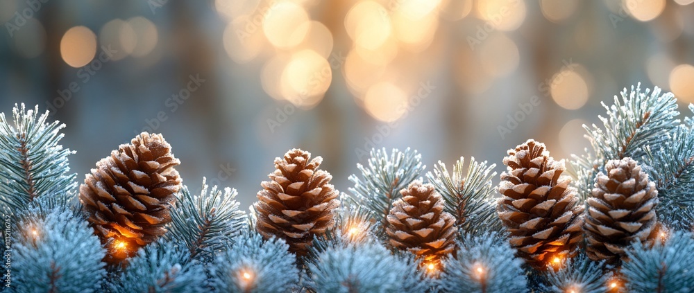 A serene winter scene featuring frosted pine branches and pine cones with a soft bokeh background.