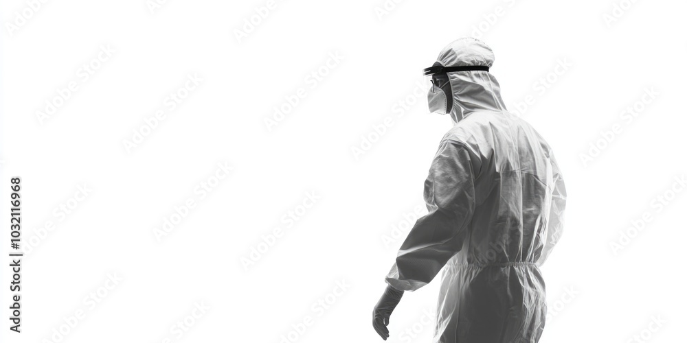 Fototapeta premium A person wearing a protective suit and goggles walks, likely for hazardous materials handling or chemical processing