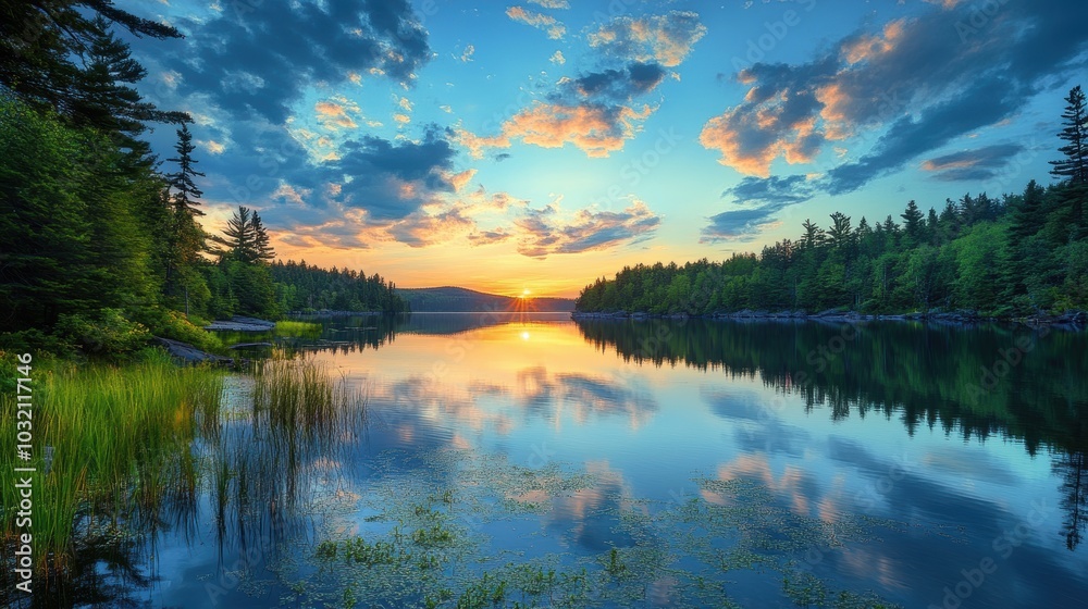 Fototapeta premium Sunset over a still lake in the woods.