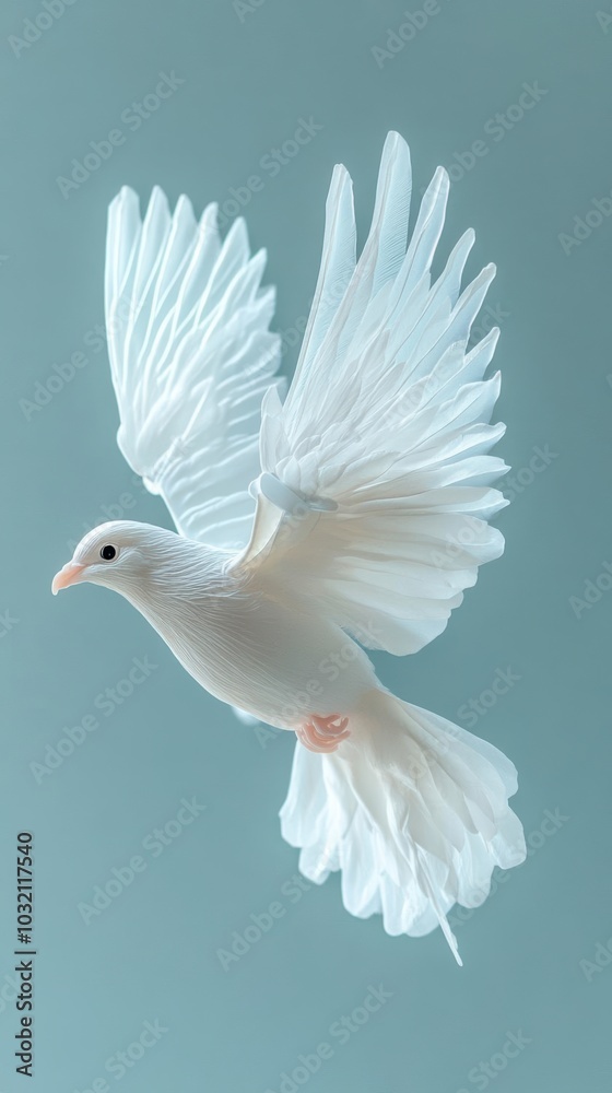 Fototapeta premium A white dove in mid-flight with wings spread wide