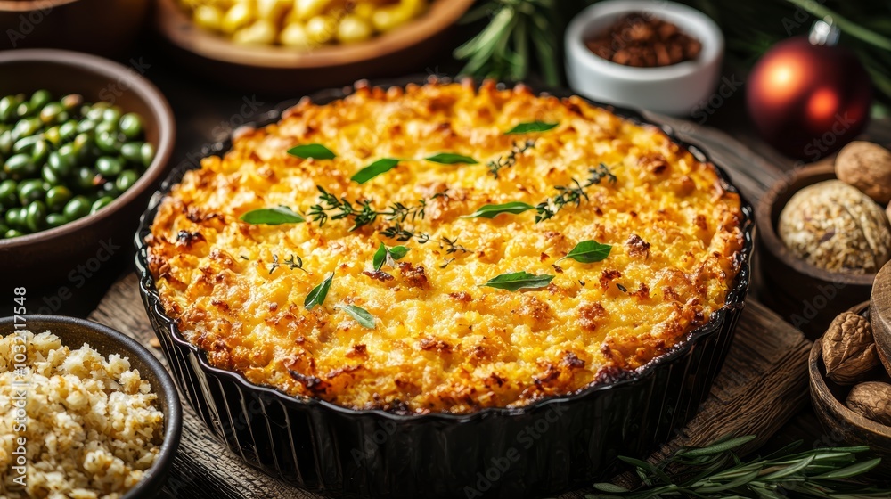 Baked Corn Casserole with Herbs and Golden Finish