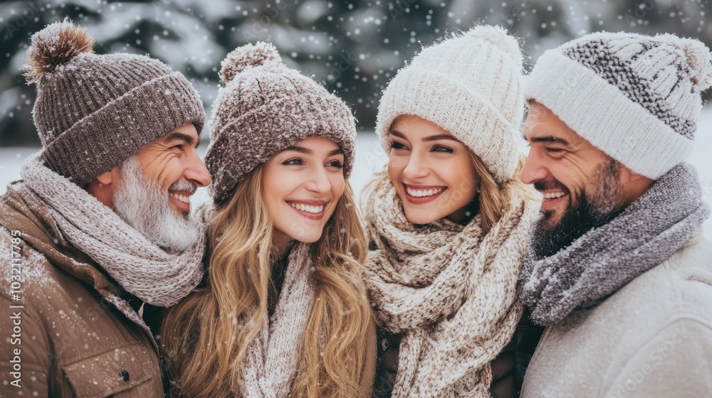 Four friends enjoying a snowy winter day in a forest, sharing laughter and warmth in cozy hats and scarves under falling snowflakes