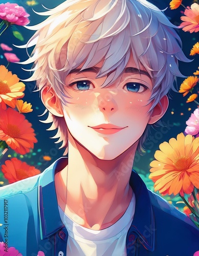 portrait of a anime boy with flowers photo