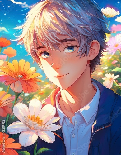 anime boy with flowers photo