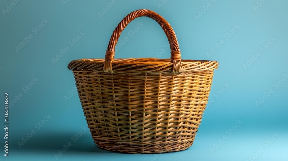 A woven wicker basket with a curved handle A woven wicker basket with a curved handle