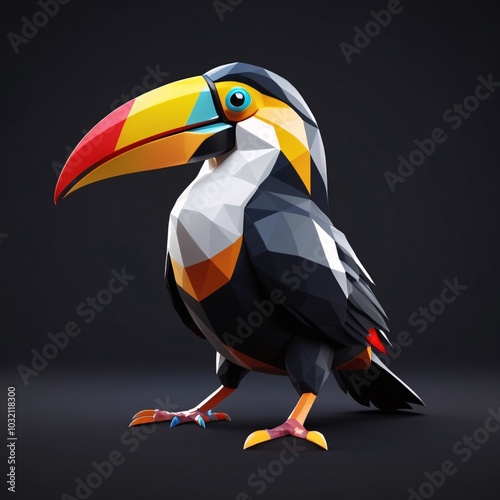 Low poly 3d illustration a toucan full body, black background. generative ai. photo