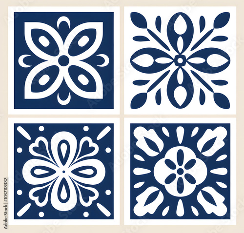 Vintage Floor Blue floral Tile geometric design with ornamental element. Traditional Portuguese azulejo motifs.