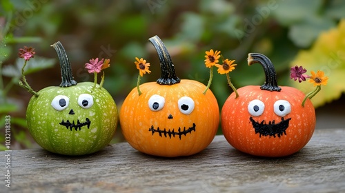 Three pumpkins with faces painted on them, one green, one orange, and one yellow. They are smiling and have flowers on their heads photo