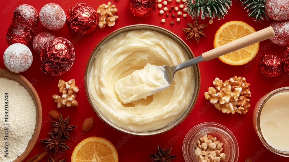 Top View of Creamy Icing with Holiday Decorations Top View of Creamy Icing with Holiday Decorations