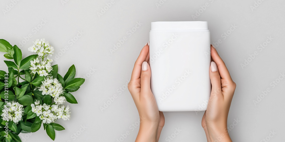 Obraz premium Sleek White Flexible Pouch Mockup with Two Female Hands Holding Rhodiola Rosea Flowers for Stress Relief and Skin Hydration