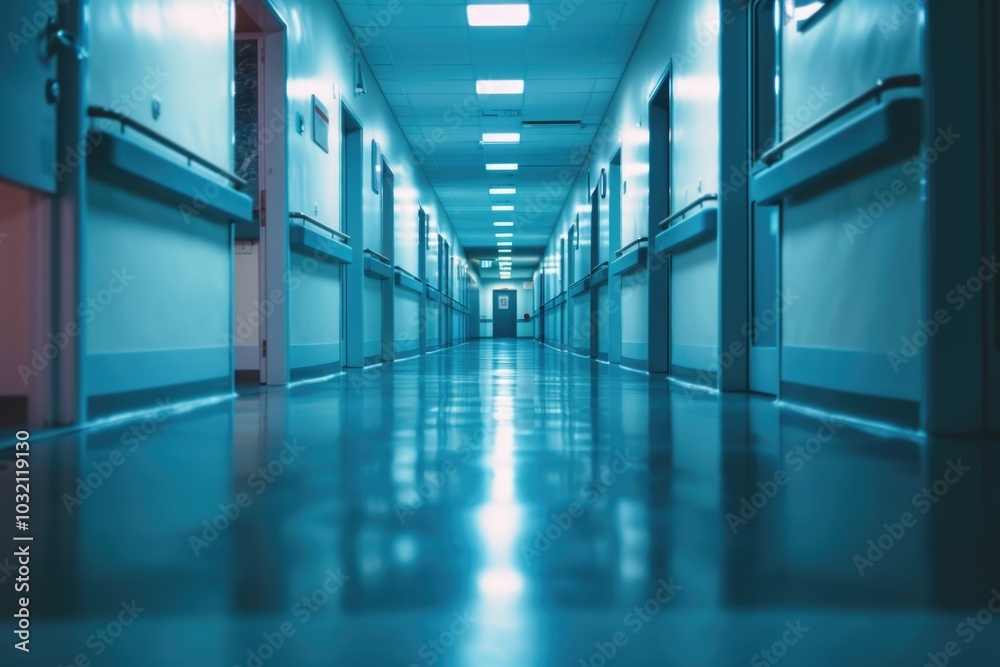 A long hallway with blue walls and a red door, ideal for use in illustrations of corridors or entryways A long hallway with blue walls and a red door, ideal for use in illustrations of corridors or entryways