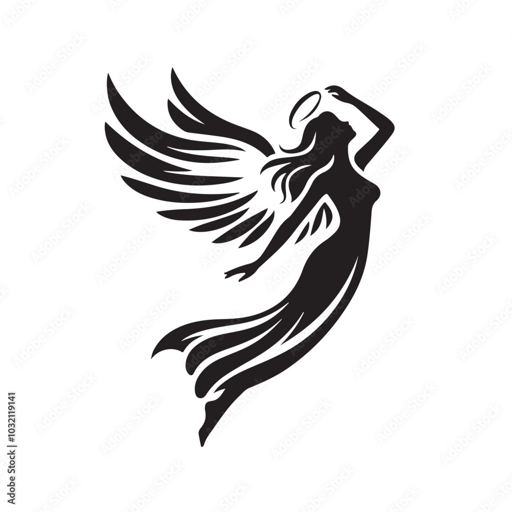 Black and White Angel Silhouette with Wings.eps Black and White Angel Silhouette with Wings.eps