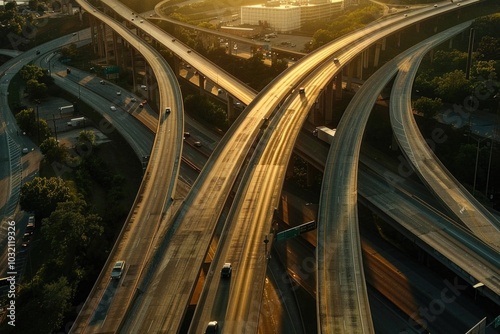 Aerial view of a busy highway intersection at sunset with vehicles and buildings in the background